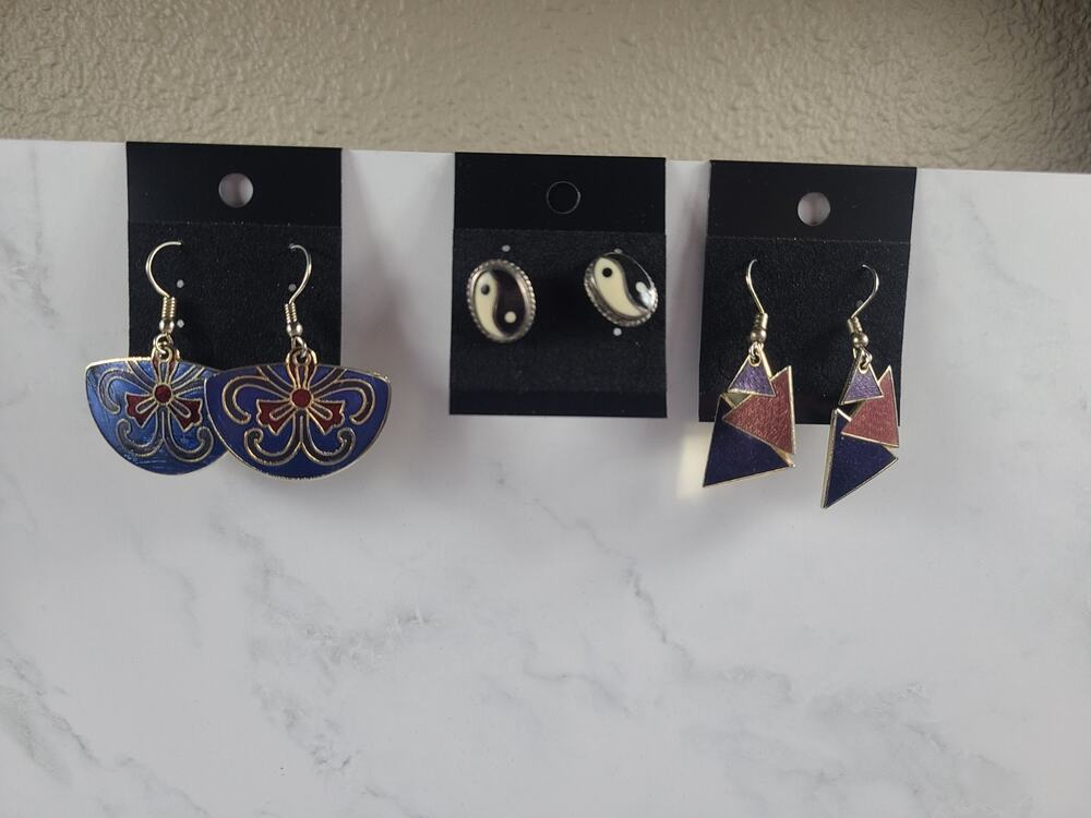 Vintage Pierced Earrings Lot 3 Pairs Cloisonne Yin Yang Enamel Geometric